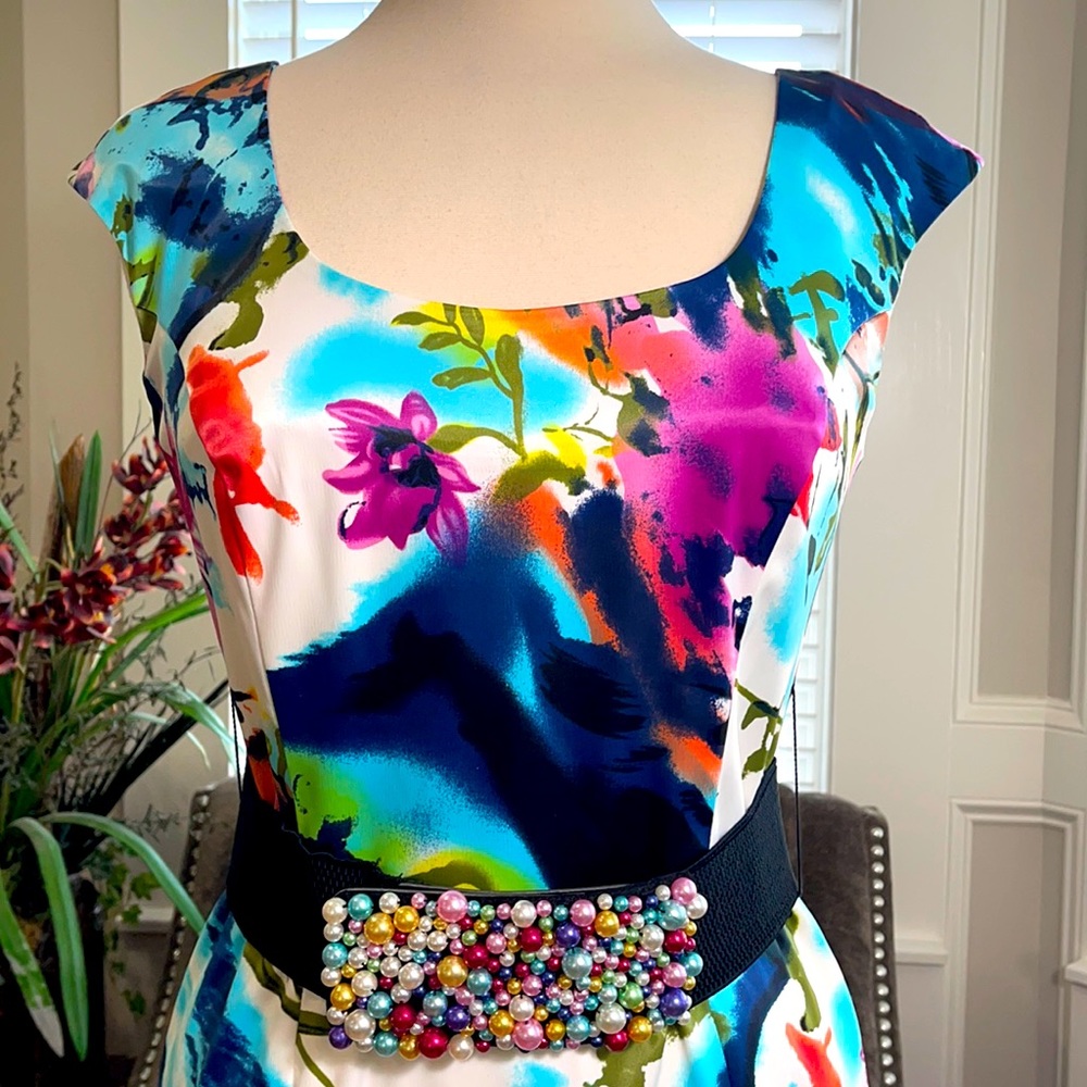 Joseph Ribkoff S 8 Gorgeous dress beautiful colors feels like satin and is lined